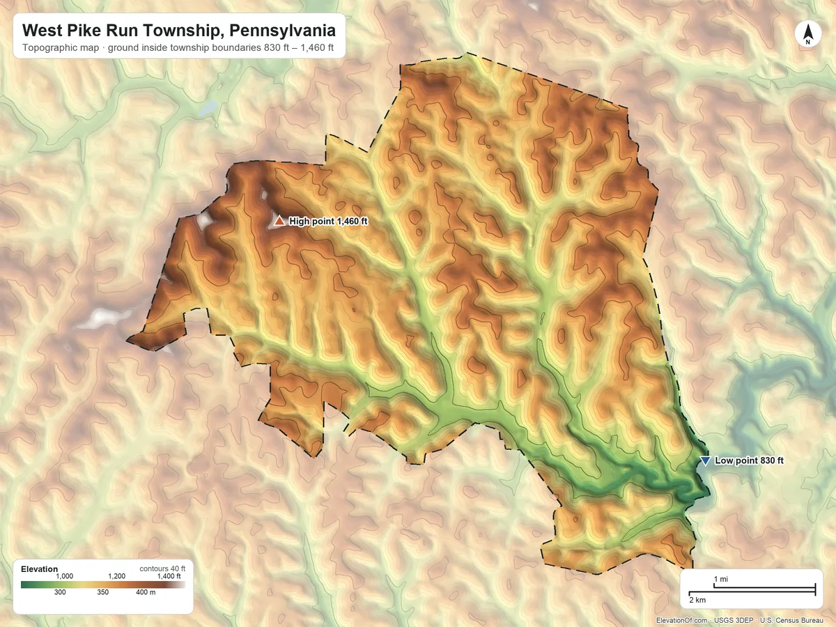 Topographic elevation map of West Pike Run Township, Pennsylvania, shaded from 830 ft on the southeast side to 1,460 ft on the west side