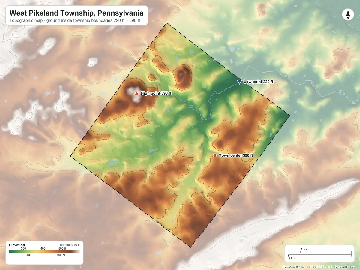 Topographic elevation map of West Pikeland Township, Pennsylvania, shaded from 220 ft on the north side to 590 ft on the northwest side