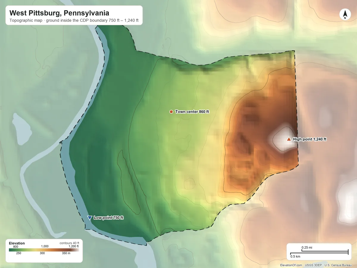 Topographic elevation map of West Pittsburg, Pennsylvania, shaded from 750 ft on the southwest side to 1,240 ft on the east side