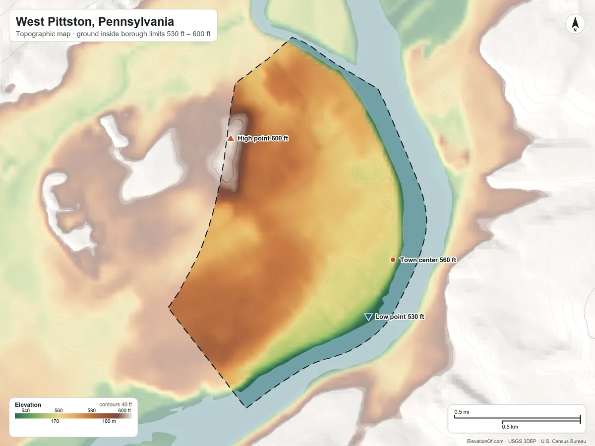 Topographic elevation map of West Pittston, Pennsylvania, shaded from 530 ft on the southwest side to 600 ft on the northwest edge, below higher ground just outside