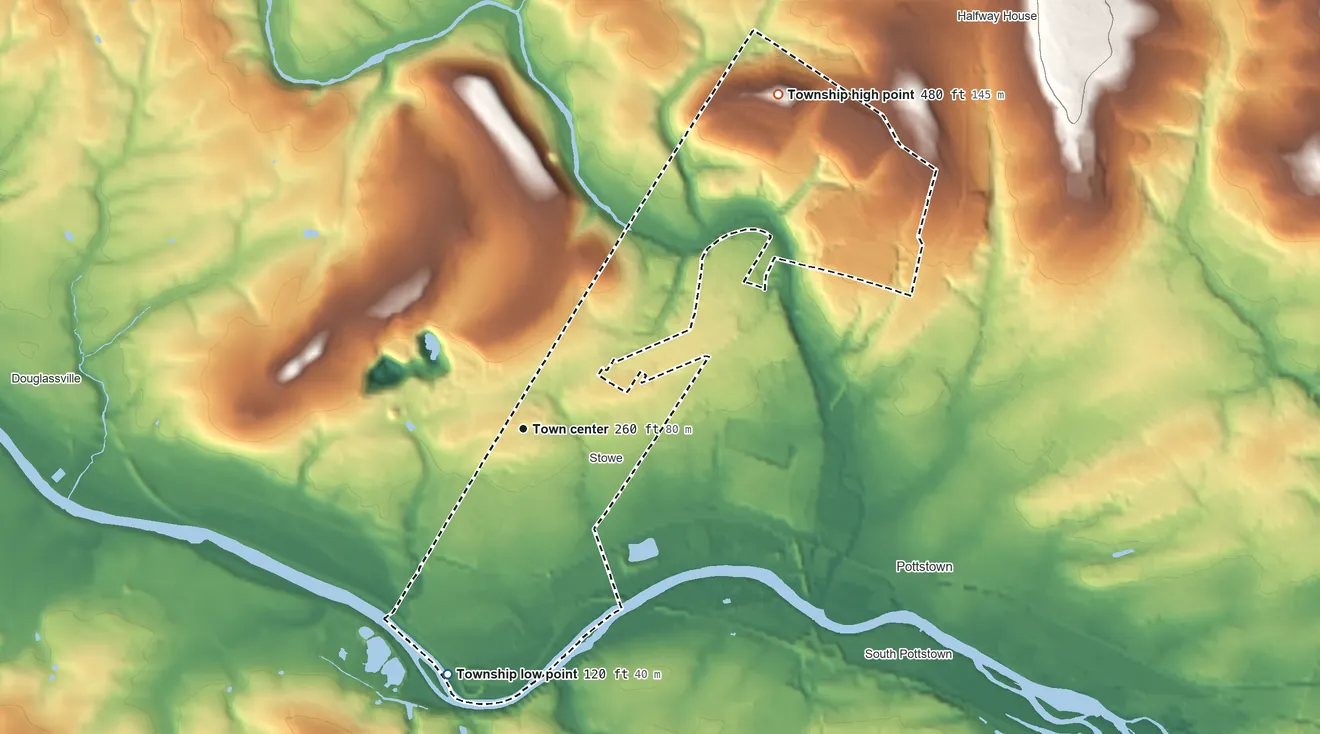 Topographic elevation map of West Pottsgrove Township, Pennsylvania, shaded from 120 ft on the south side to 480 ft on the northeast side