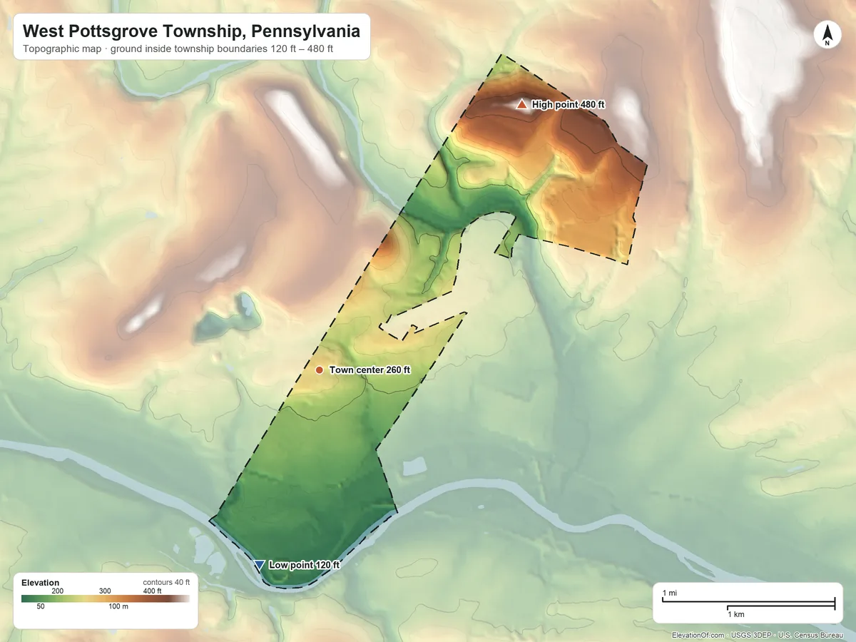 Topographic elevation map of West Pottsgrove Township, Pennsylvania, shaded from 120 ft on the south side to 480 ft on the northeast side