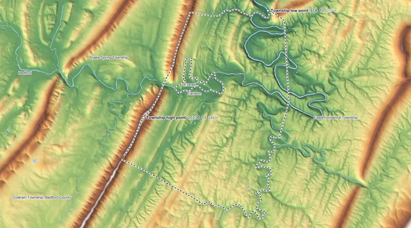 Topographic elevation map of West Providence Township, Pennsylvania, shaded from 910 ft on the northeast side to 2,230 ft on the west side