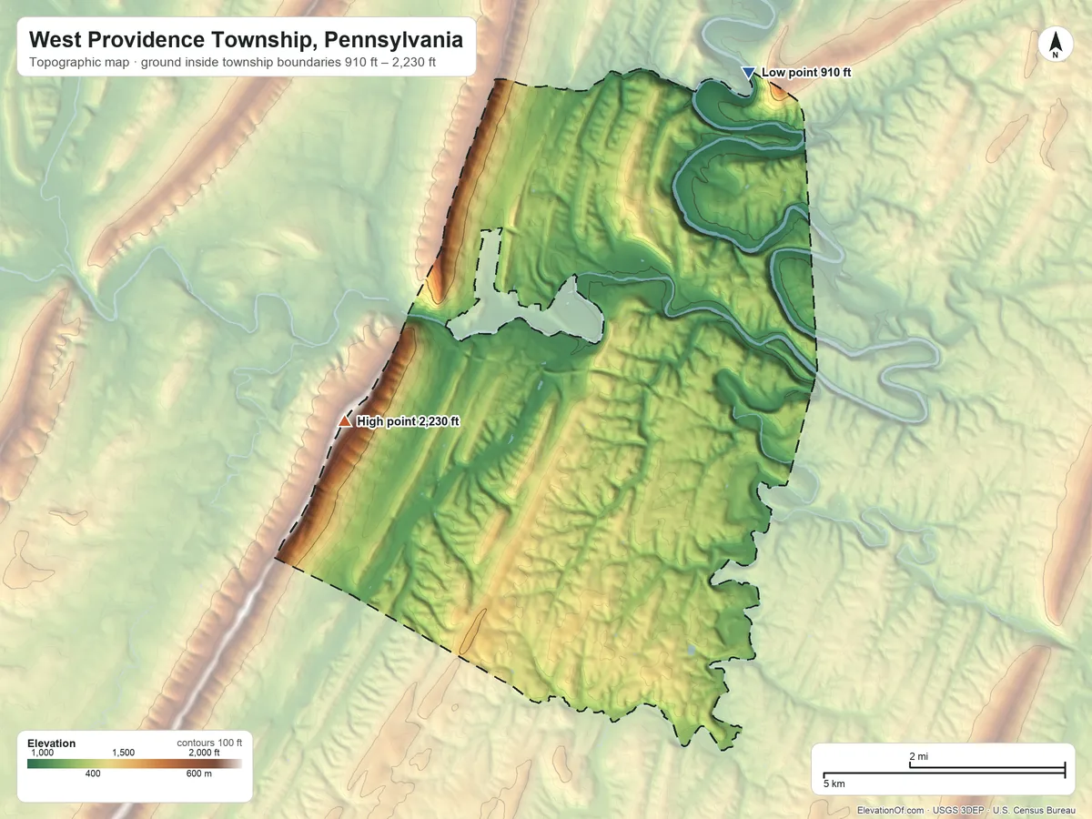 Topographic elevation map of West Providence Township, Pennsylvania, shaded from 910 ft on the northeast side to 2,230 ft on the west side