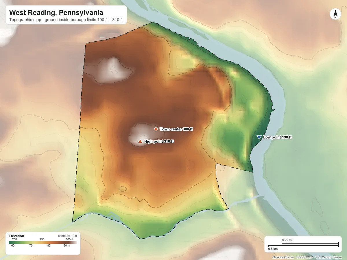 Topographic elevation map of West Reading, Pennsylvania, shaded from 190 ft on the east side to 310 ft near the middle