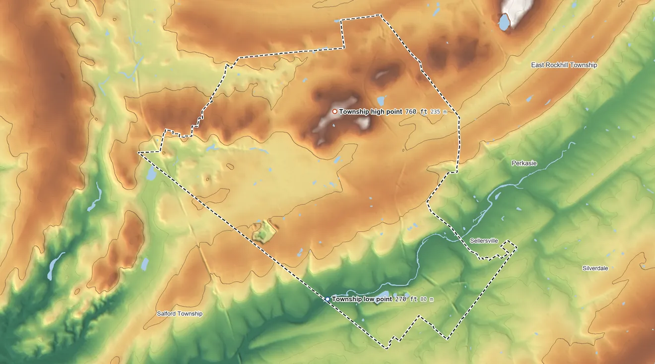 Topographic elevation map of West Rockhill Township, Pennsylvania, shaded from 270 ft on the southwest side to 760 ft on the northwest side