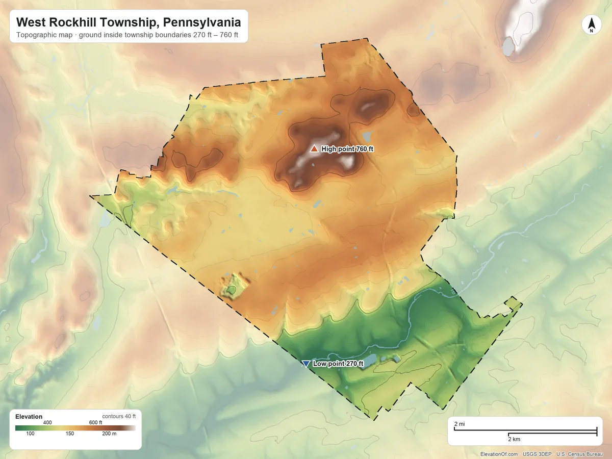 Topographic elevation map of West Rockhill Township, Pennsylvania, shaded from 270 ft on the southwest side to 760 ft on the northwest side