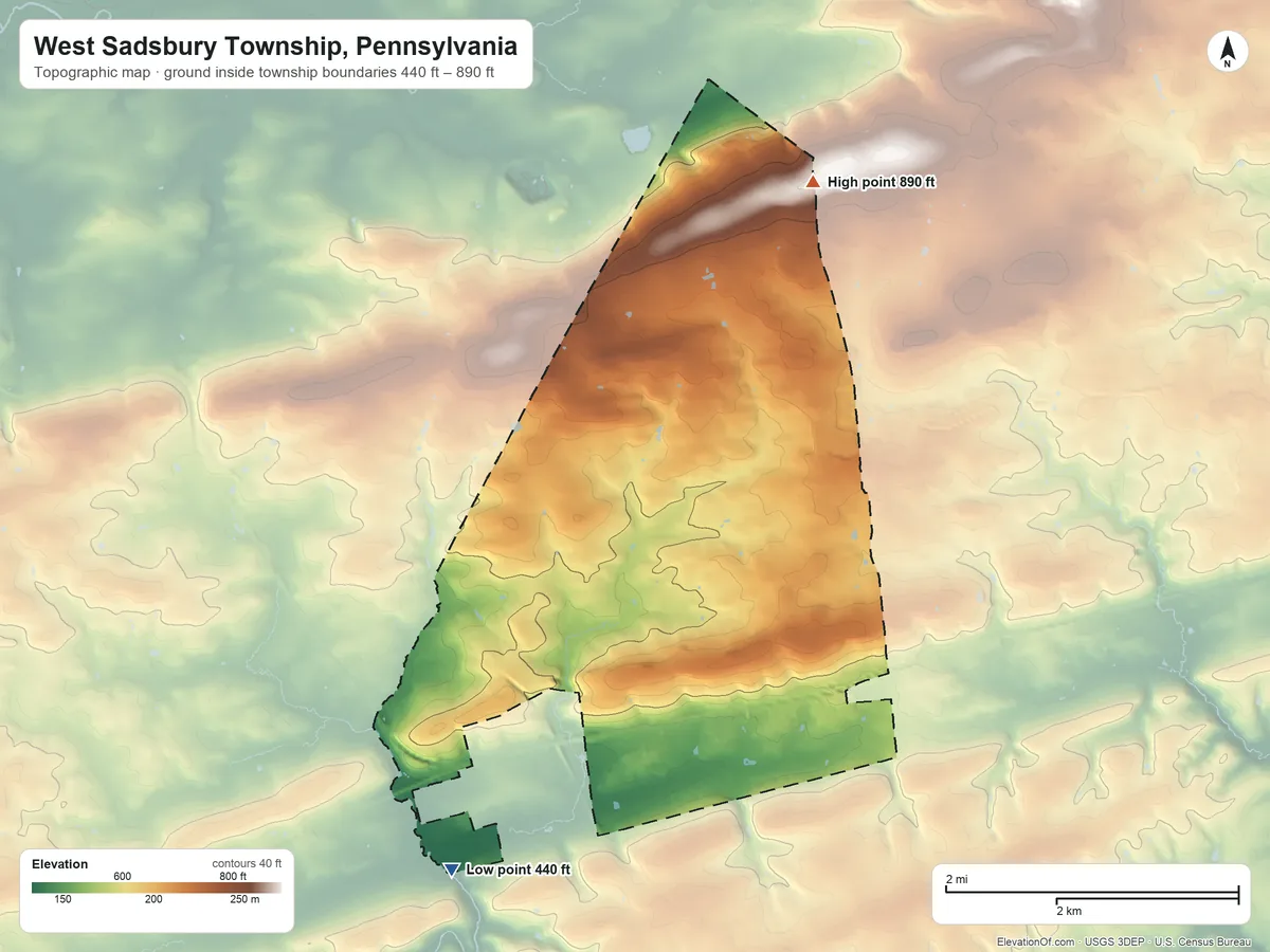 Topographic elevation map of West Sadsbury Township, Pennsylvania, shaded from 440 ft on the southwest side to 890 ft on the north side