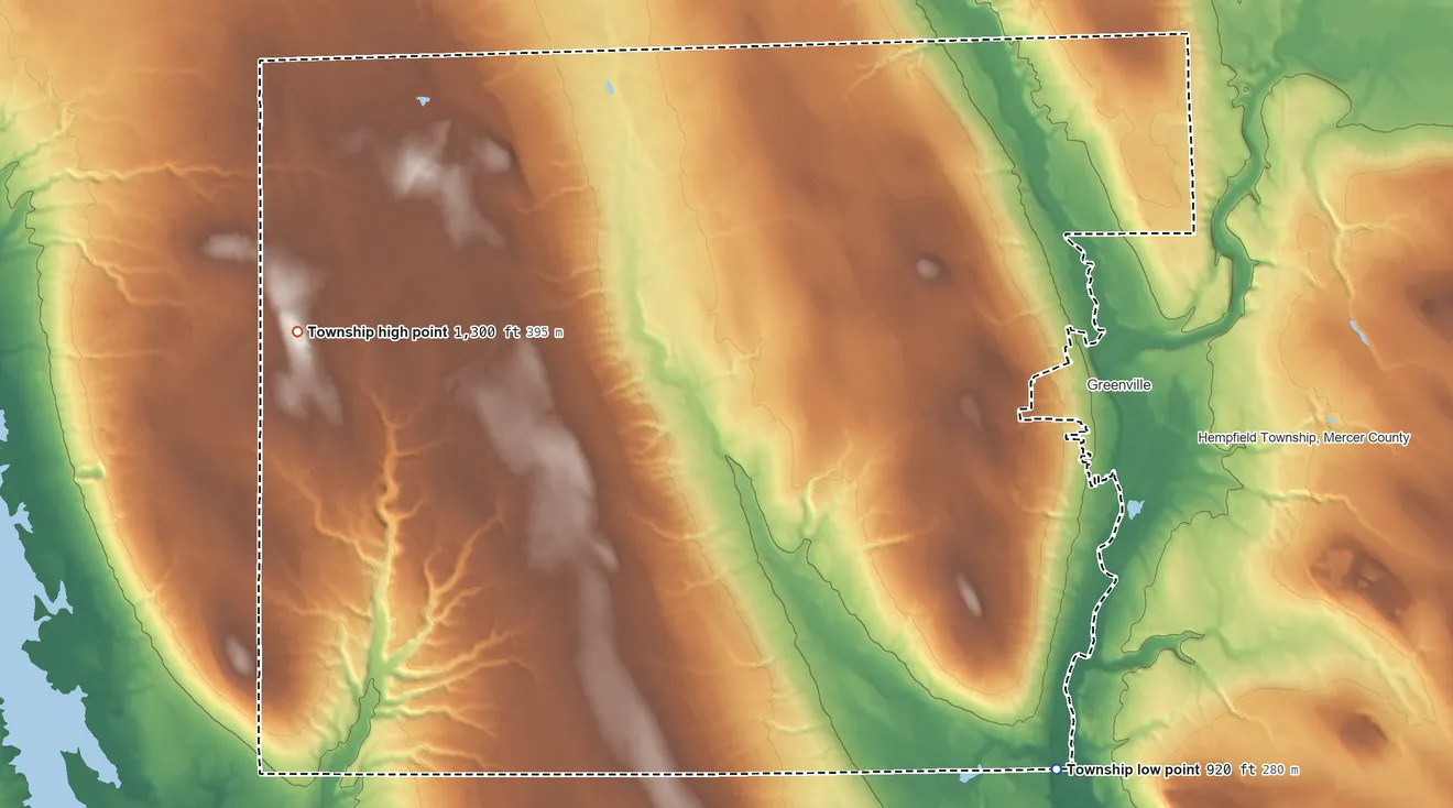 Topographic elevation map of West Salem Township, Pennsylvania, shaded from 920 ft on the southeast side to 1,300 ft on the west side
