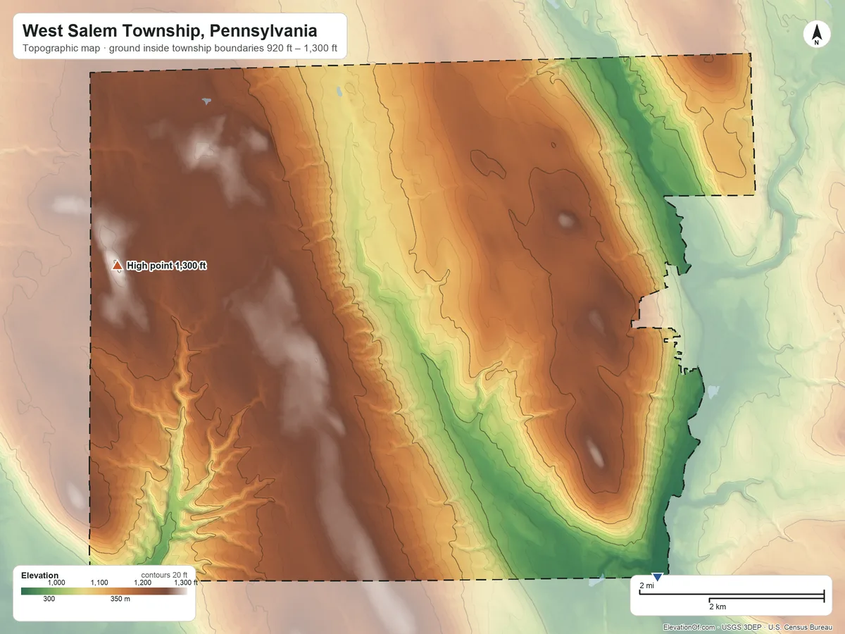 Topographic elevation map of West Salem Township, Pennsylvania, shaded from 920 ft on the southeast side to 1,300 ft on the west side