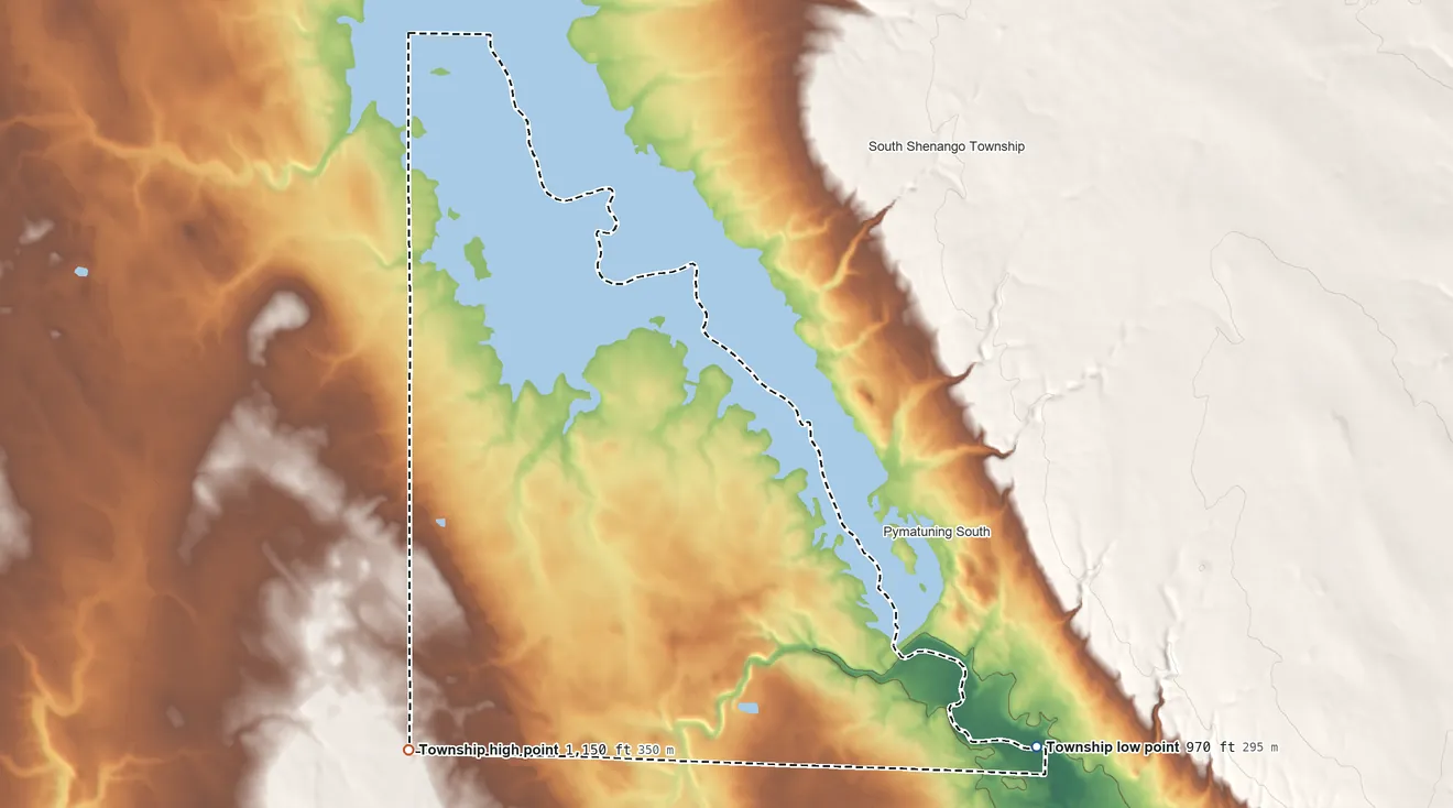 Topographic elevation map of West Shenango Township, Pennsylvania, shaded from 970 ft on the southeast side to 1,150 ft on the southwest side