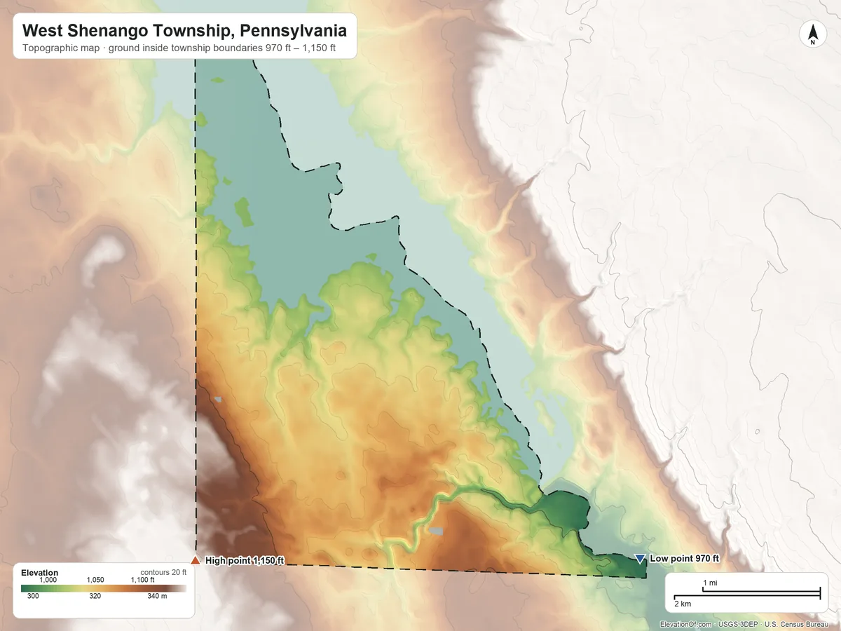 Topographic elevation map of West Shenango Township, Pennsylvania, shaded from 970 ft on the southeast side to 1,150 ft on the southwest side