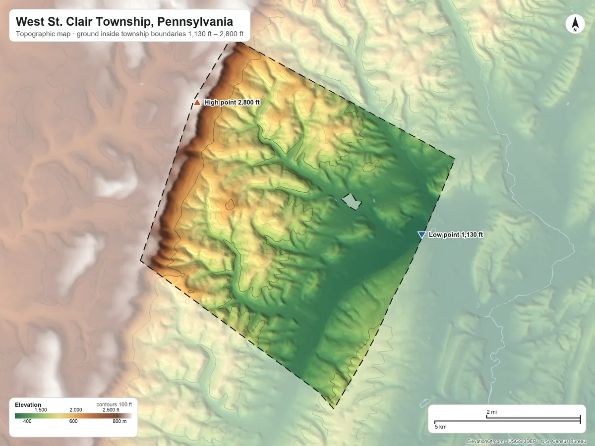 Topographic elevation map of West St. Clair Township, Pennsylvania, shaded from 1,130 ft on the east side to 2,800 ft on the northwest side