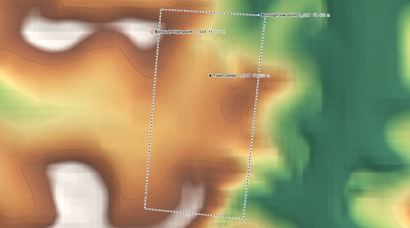 Topographic elevation map of West Sunbury, Pennsylvania, shaded from 1,320 ft on the northeast side to 1,440 ft on the northwest side