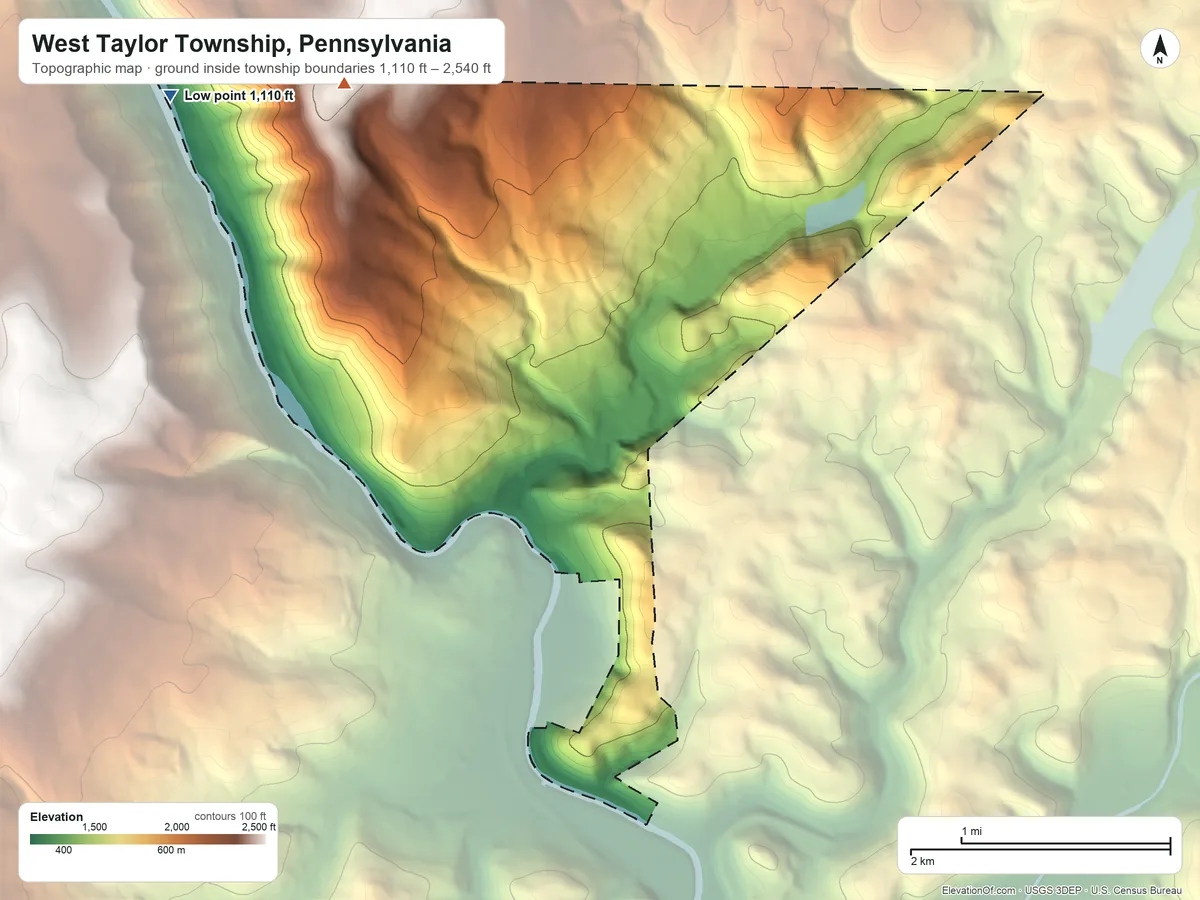 Topographic elevation map of West Taylor Township, Pennsylvania, shaded from 1,110 ft on the northwest side to 2,540 ft on the northwest side
