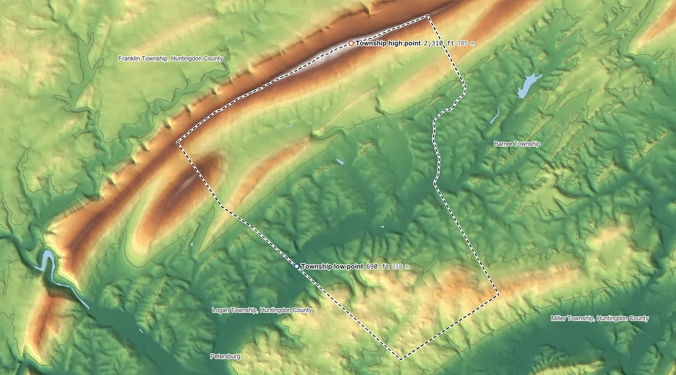 Topographic elevation map of West Township, Pennsylvania, shaded from 690 ft on the southwest side to 2,310 ft on the north side