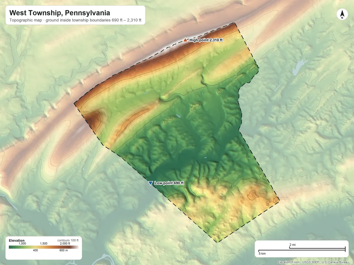Topographic elevation map of West Township, Pennsylvania, shaded from 690 ft on the southwest side to 2,310 ft on the north side