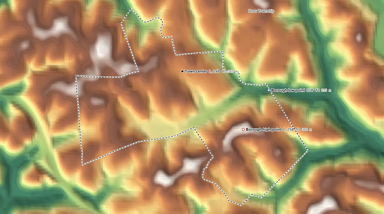 Topographic elevation map of West View, Pennsylvania, shaded from 970 ft on the east side to 1,250 ft on the southeast side