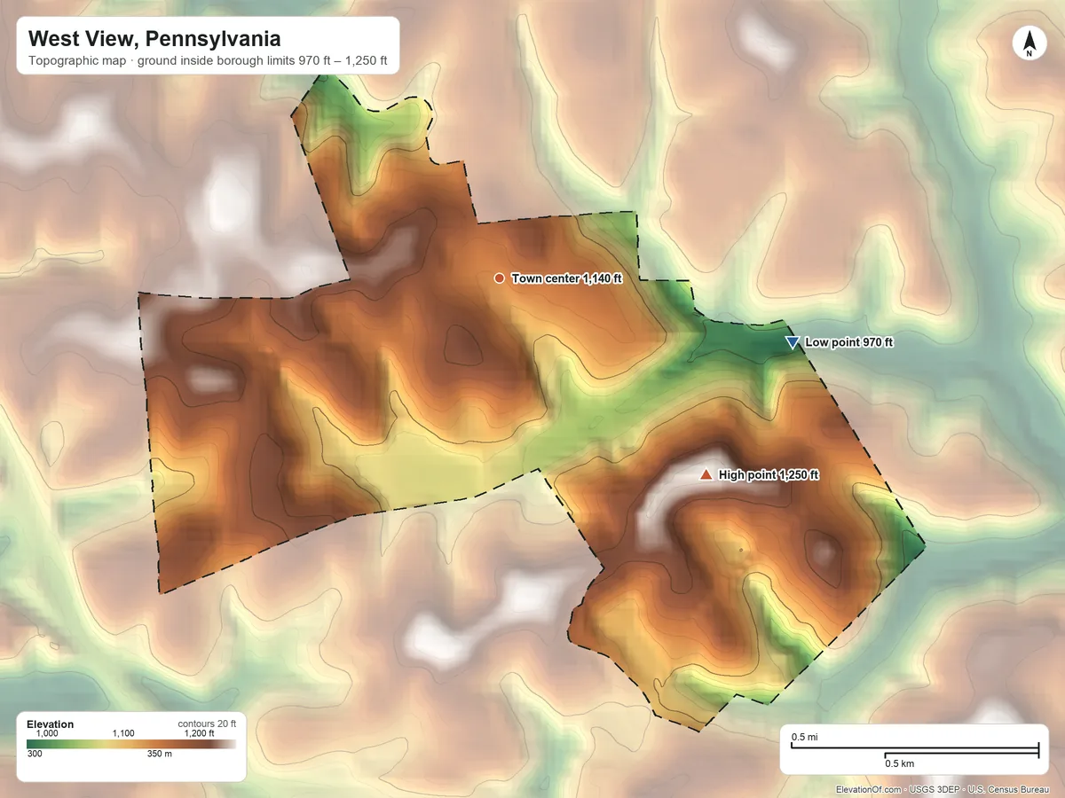 Topographic elevation map of West View, Pennsylvania, shaded from 970 ft on the east side to 1,250 ft on the southeast side