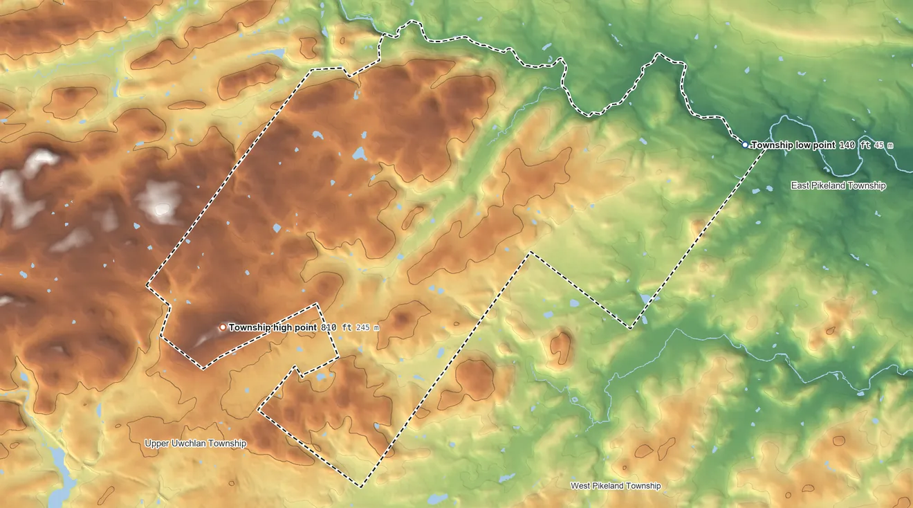 Topographic elevation map of West Vincent Township, Pennsylvania, shaded from 140 ft on the east side to 810 ft on the southwest side
