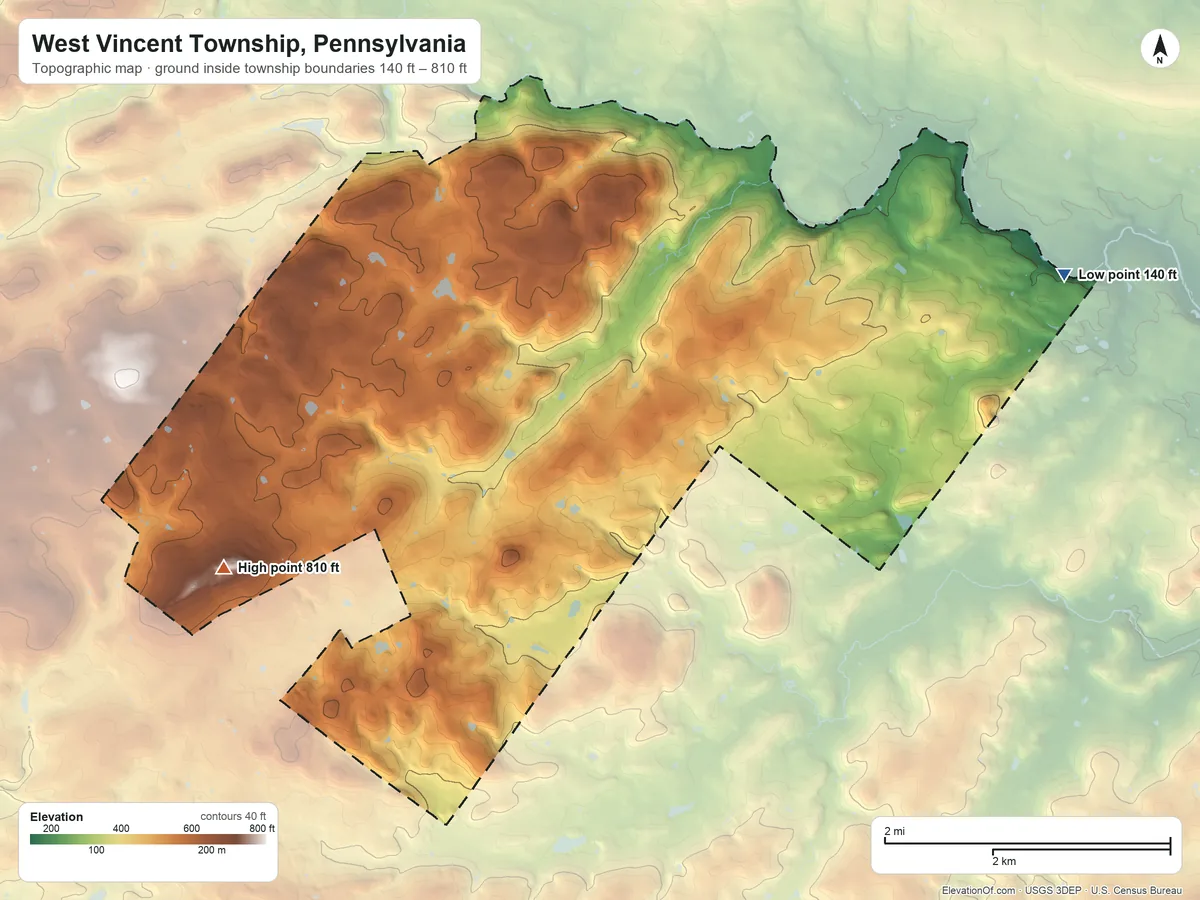 Topographic elevation map of West Vincent Township, Pennsylvania, shaded from 140 ft on the east side to 810 ft on the southwest side