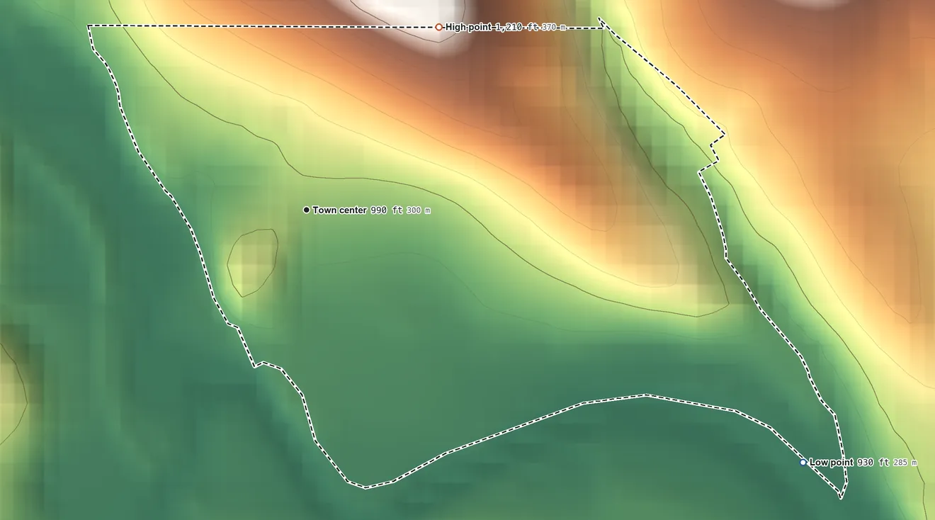 Topographic elevation map of West Waynesburg, Pennsylvania, shaded from 930 ft on the southeast side to 1,210 ft on the northeast side