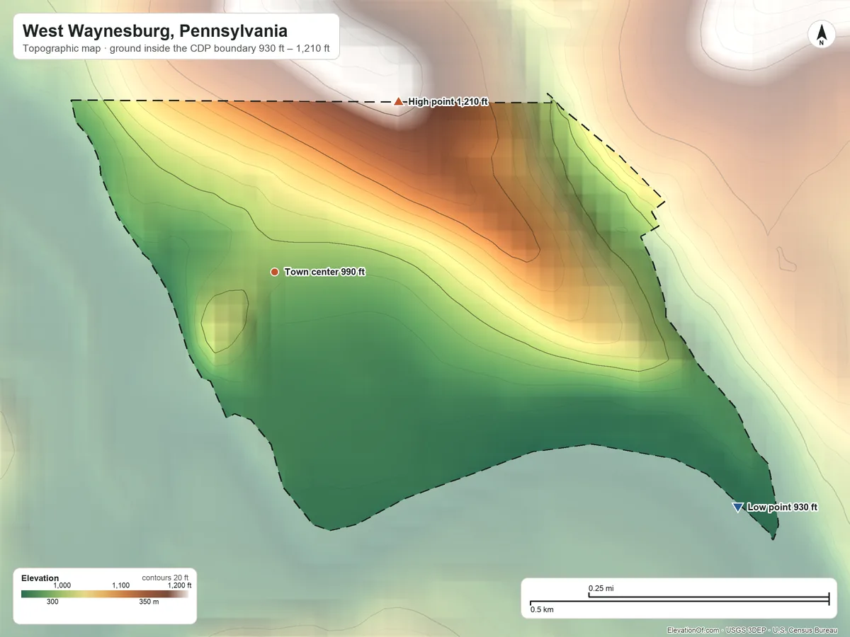 Topographic elevation map of West Waynesburg, Pennsylvania, shaded from 930 ft on the southeast side to 1,210 ft on the northeast side