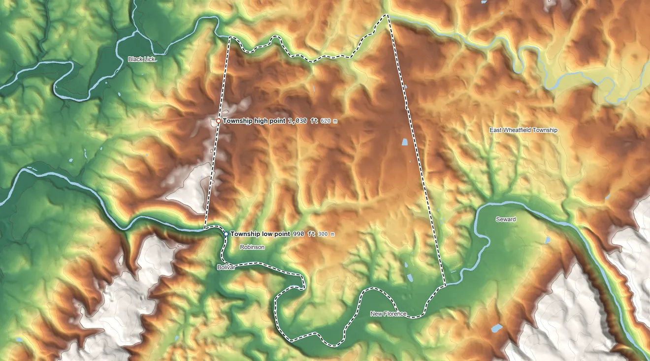Topographic elevation map of West Wheatfield Township, Pennsylvania, shaded from 990 ft on the southwest side to 2,030 ft on the northwest side