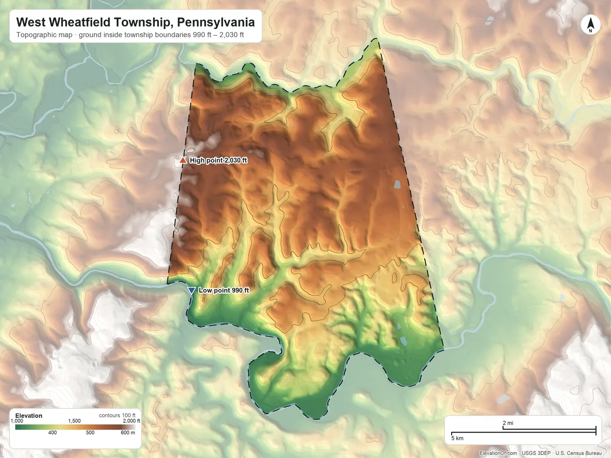 Topographic elevation map of West Wheatfield Township, Pennsylvania, shaded from 990 ft on the southwest side to 2,030 ft on the northwest side