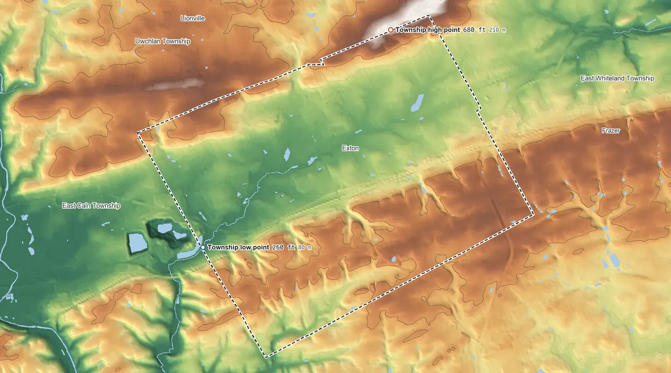 Topographic elevation map of West Whiteland Township, Pennsylvania, shaded from 260 ft on the southwest side to 680 ft on the north side