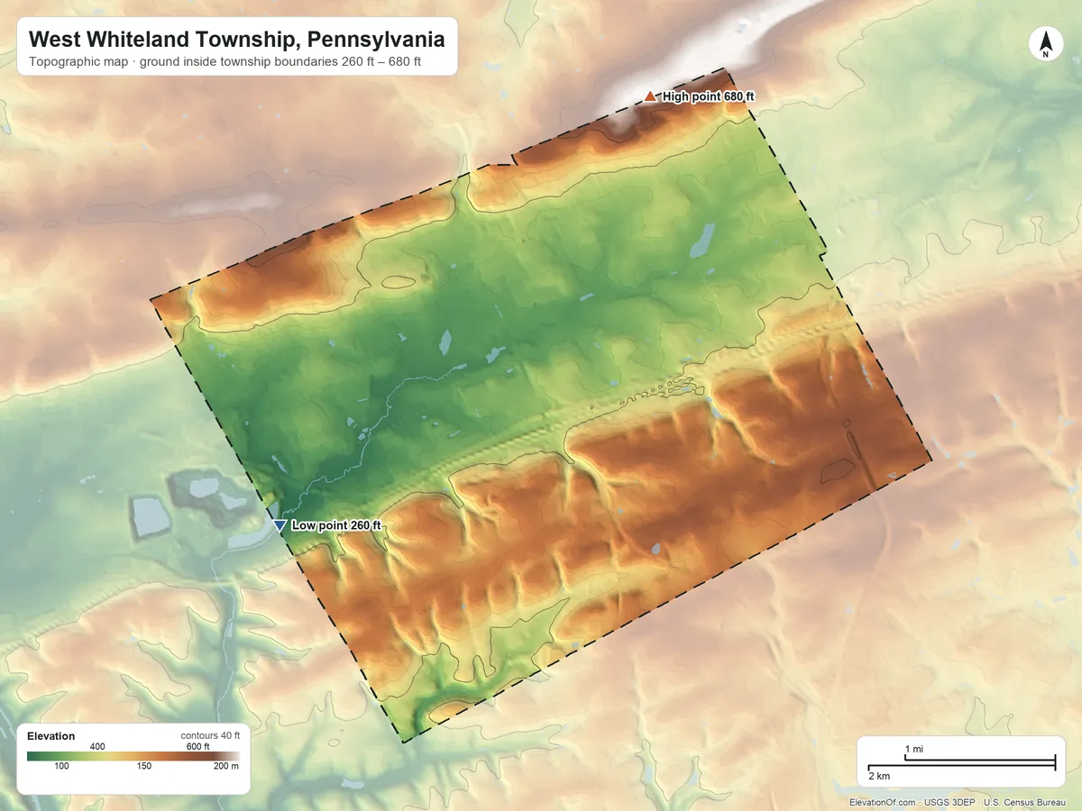 Topographic elevation map of West Whiteland Township, Pennsylvania, shaded from 260 ft on the southwest side to 680 ft on the north side