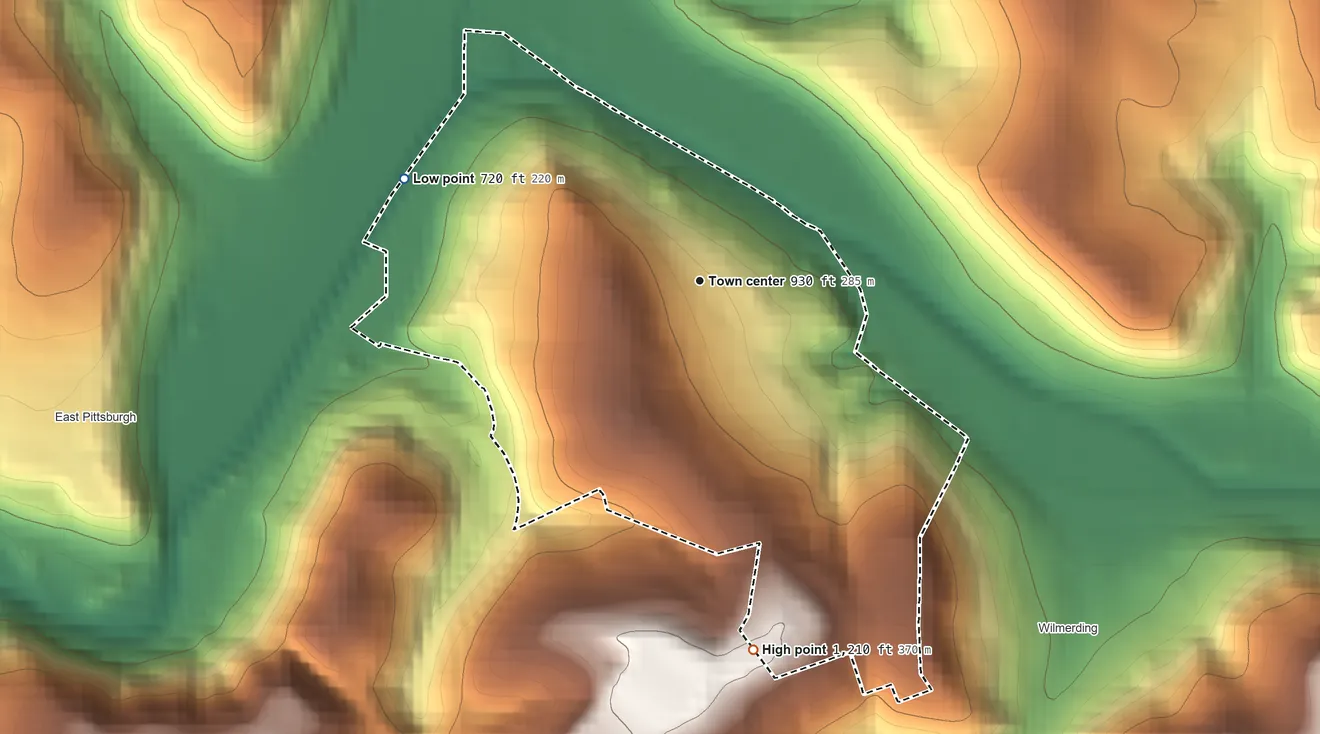 Topographic elevation map of West Wilmerding, Pennsylvania, shaded from 720 ft on the west side to 1,210 ft on the south side