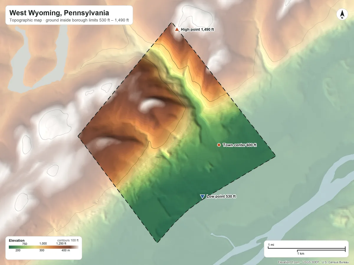 Topographic elevation map of West Wyoming, Pennsylvania, shaded from 530 ft on the south side to 1,490 ft on the north side