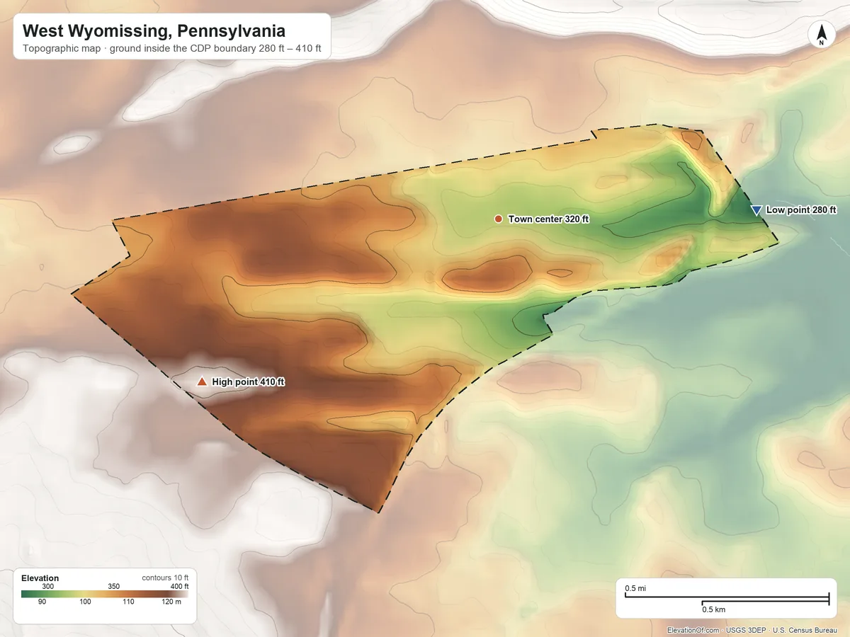 Topographic elevation map of West Wyomissing, Pennsylvania, shaded from 280 ft on the east side to 410 ft at the foot of the South Mountain