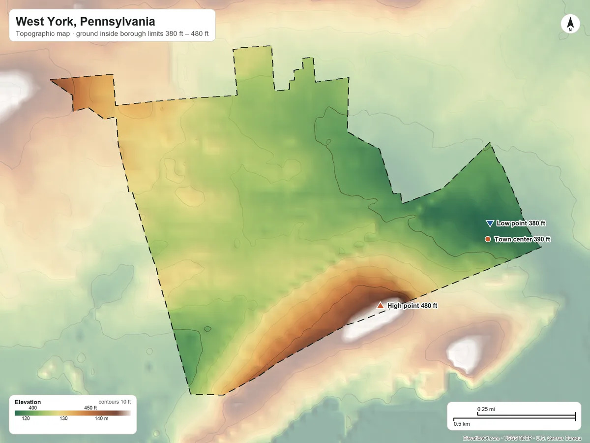 Topographic elevation map of West York, Pennsylvania, shaded from 380 ft near the middle to 480 ft at the foot of the Conewago Mountains