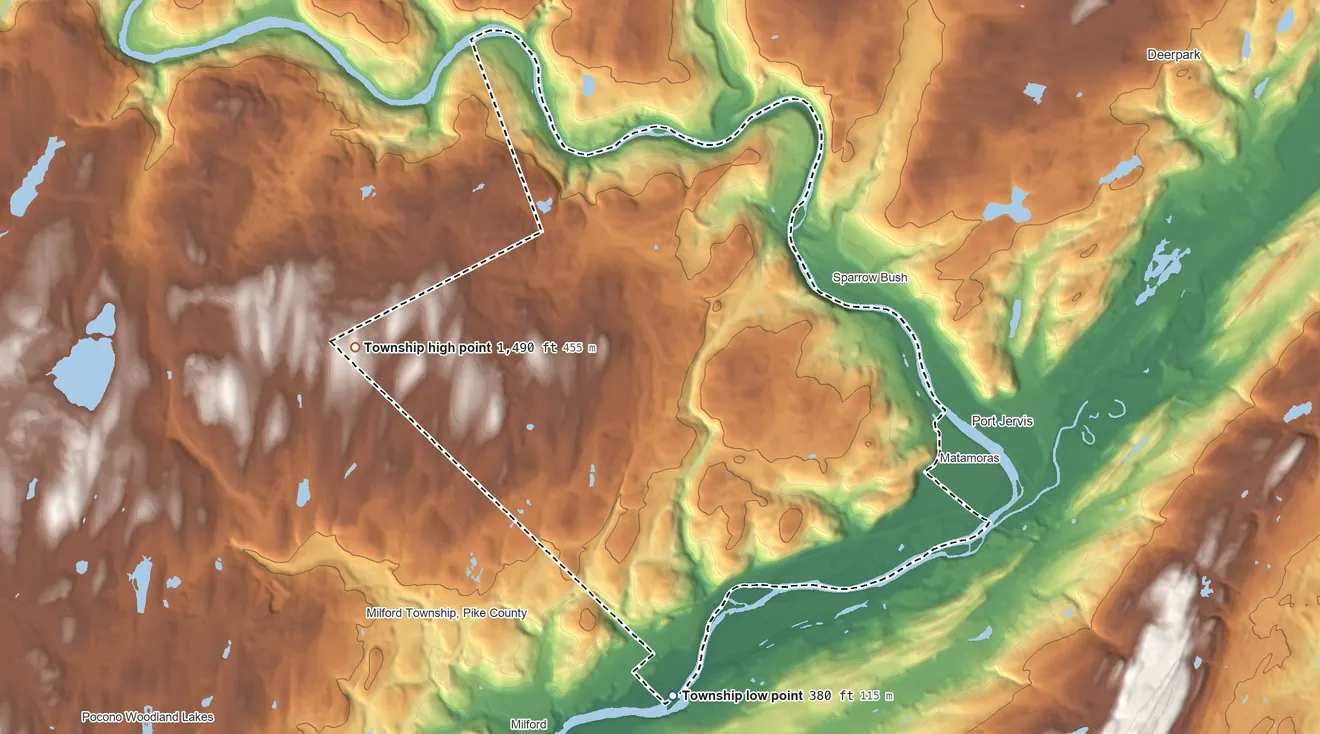 Topographic elevation map of Westfall Township, Pennsylvania, shaded from 380 ft on the southwest side to 1,490 ft on the west side