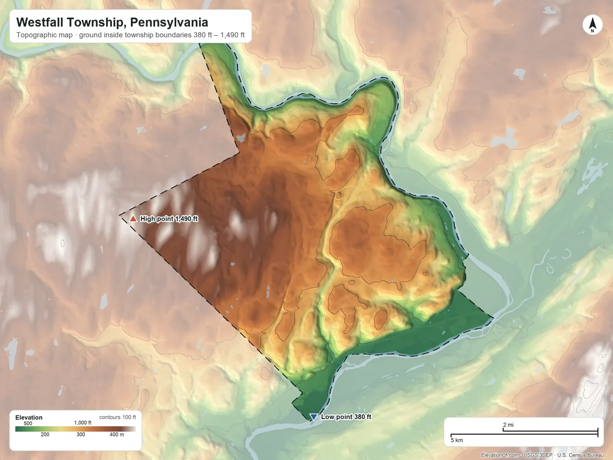 Topographic elevation map of Westfall Township, Pennsylvania, shaded from 380 ft on the southwest side to 1,490 ft on the west side