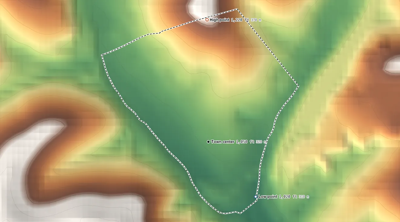 Topographic elevation map of Westland, Pennsylvania, shaded from 1,020 ft on the southeast side to 1,220 ft on the north side