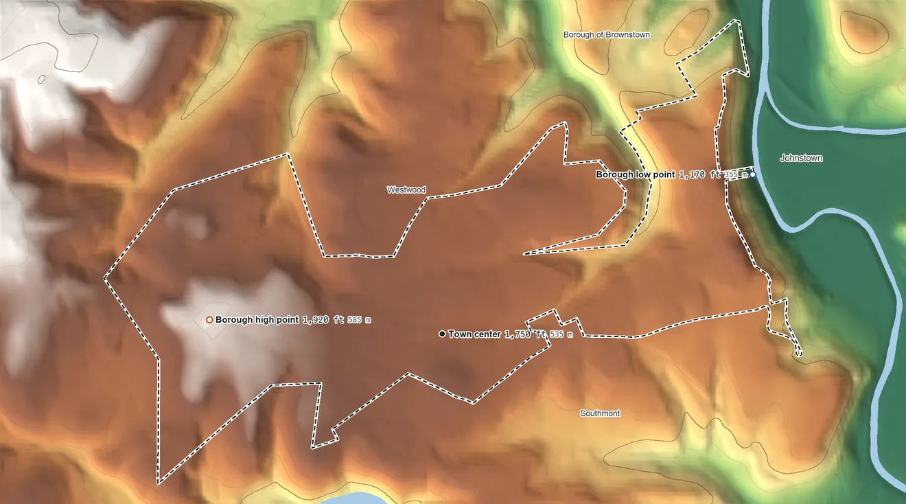 Topographic elevation map of Westmont, Pennsylvania, shaded from 1,170 ft on the northeast side to 1,920 ft at the foot of the Laurel Hill