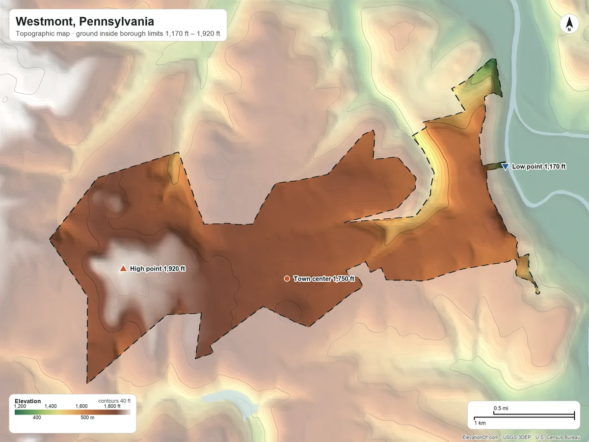 Topographic elevation map of Westmont, Pennsylvania, shaded from 1,170 ft on the northeast side to 1,920 ft at the foot of the Laurel Hill