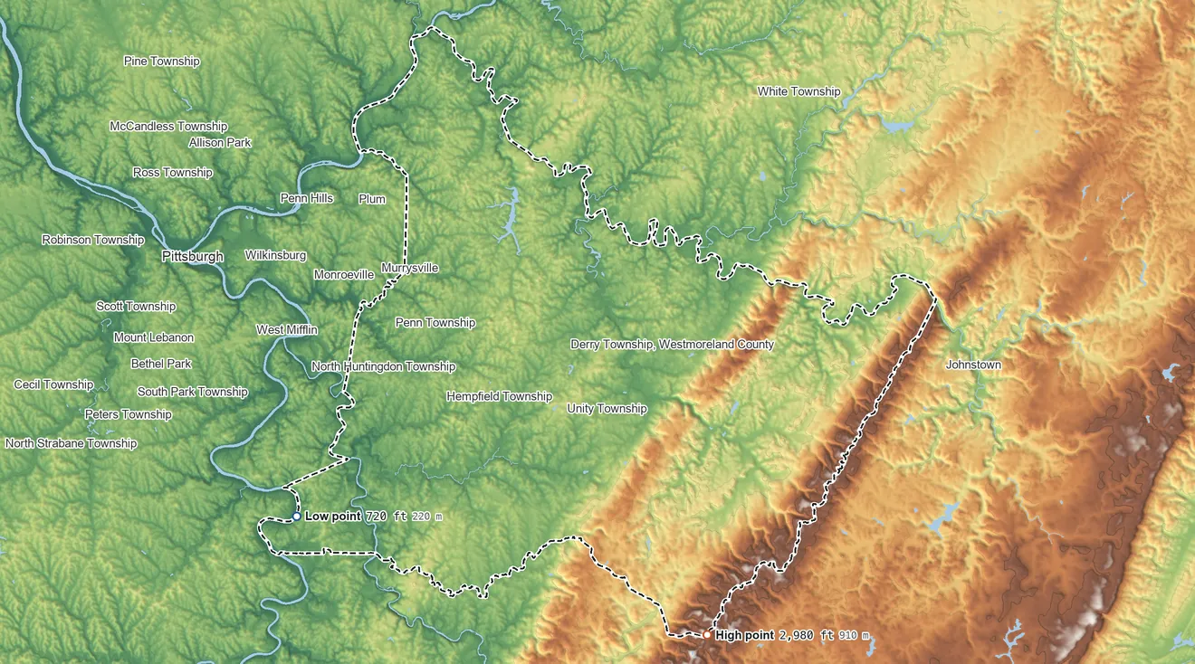 Topographic elevation map of Westmoreland County, Pennsylvania, shaded from 720 ft on the southwest side to 2,980 ft on the south side