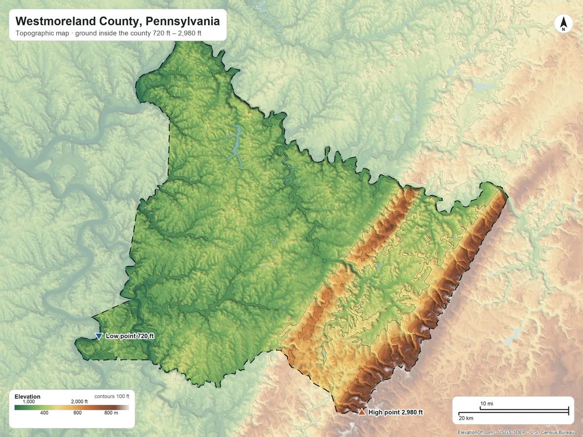 Topographic elevation map of Westmoreland County, Pennsylvania, shaded from 720 ft on the southwest side to 2,980 ft on the south side