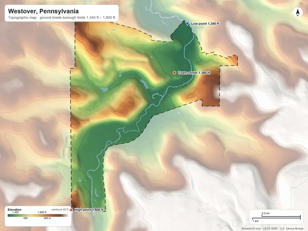 Topographic elevation map of Westover, Pennsylvania, shaded from 1,340 ft on the north side to 1,800 ft on the southwest side