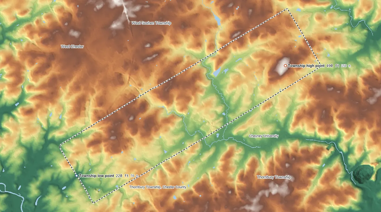 Topographic elevation map of Westtown Township, Pennsylvania, shaded from 220 ft on the southwest side to 490 ft on the east side