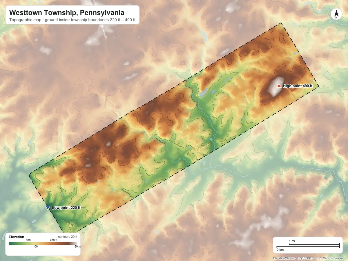 Topographic elevation map of Westtown Township, Pennsylvania, shaded from 220 ft on the southwest side to 490 ft on the east side
