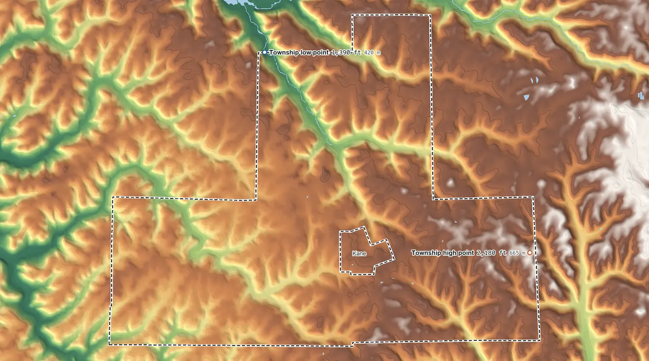 Topographic elevation map of Wetmore Township, Pennsylvania, shaded from 1,390 ft on the northwest side to 2,180 ft on the east side