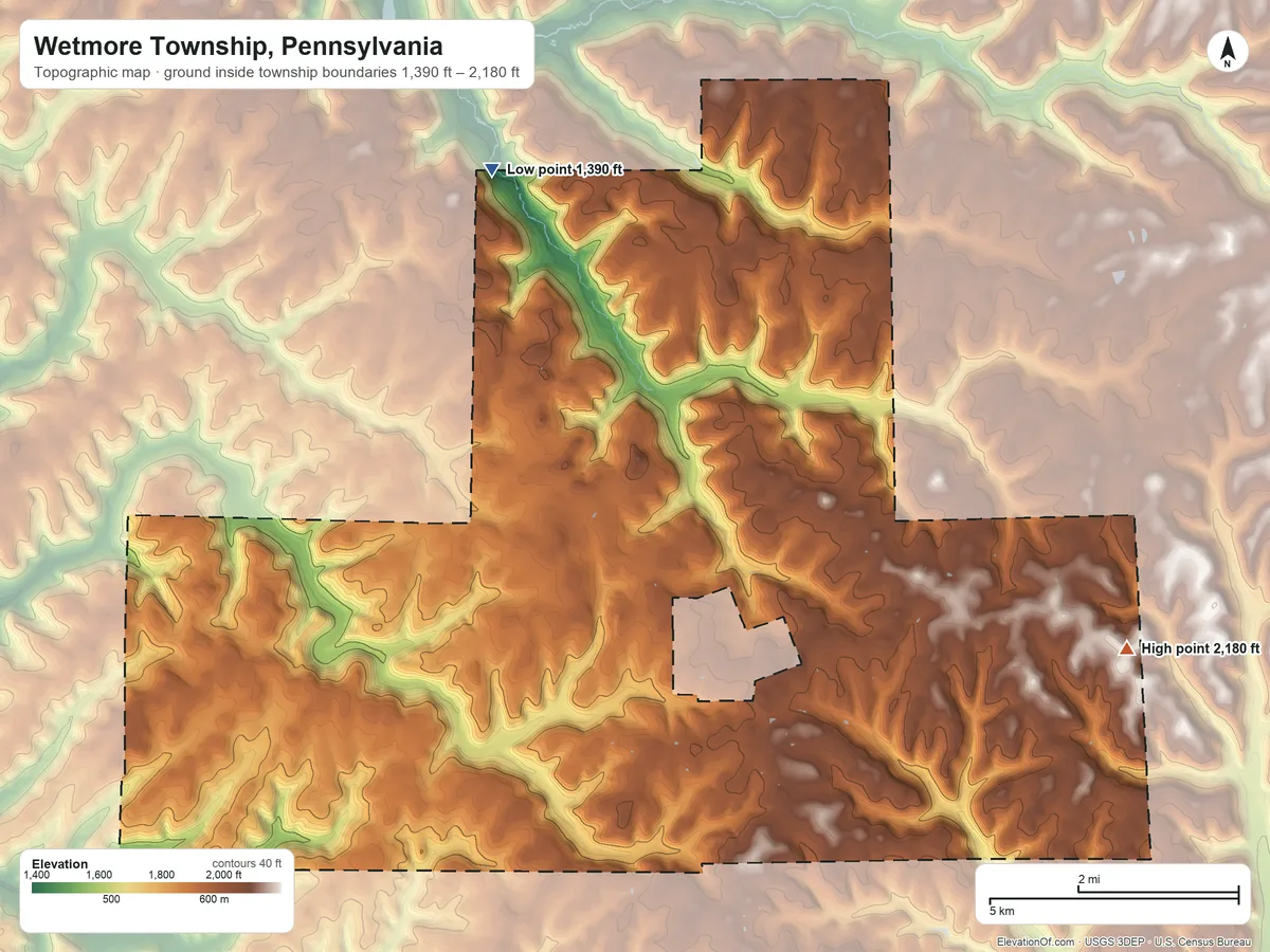 Topographic elevation map of Wetmore Township, Pennsylvania, shaded from 1,390 ft on the northwest side to 2,180 ft on the east side