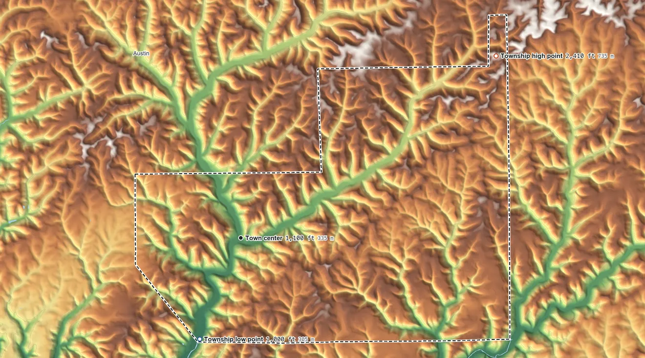 Topographic elevation map of Wharton Township, Potter County, Pennsylvania, shaded from 1,000 ft on the south side to 2,410 ft on the northeast side