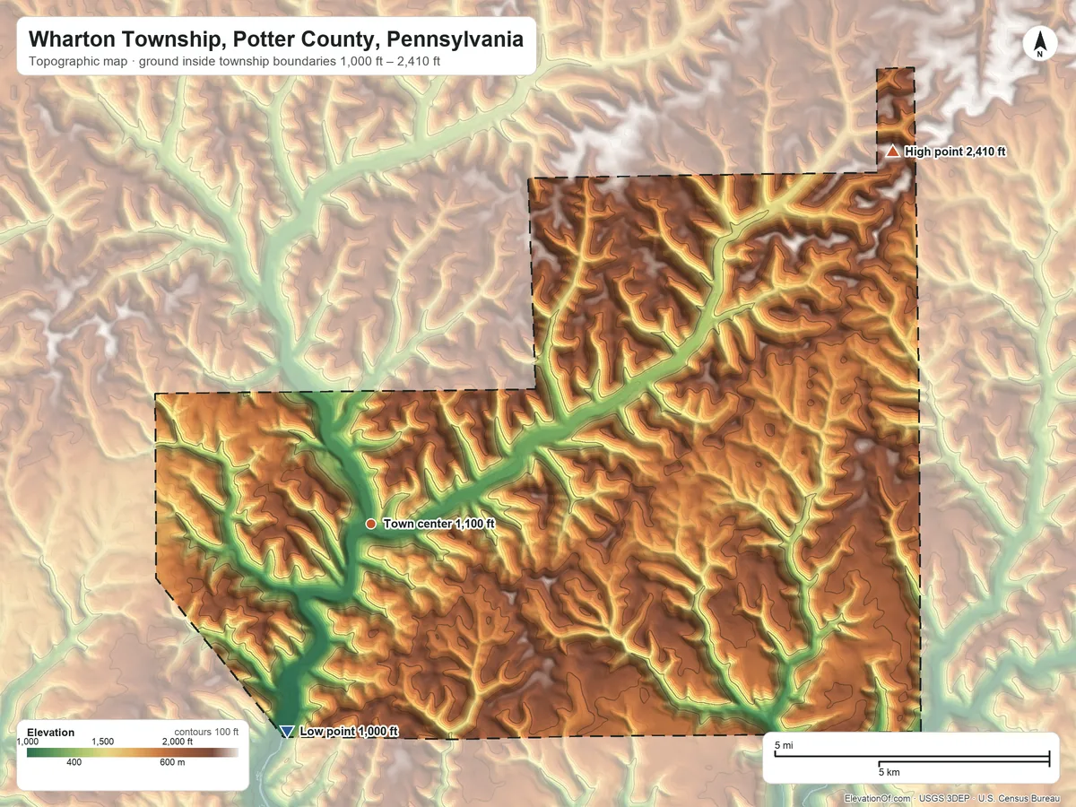 Topographic elevation map of Wharton Township, Potter County, Pennsylvania, shaded from 1,000 ft on the south side to 2,410 ft on the northeast side