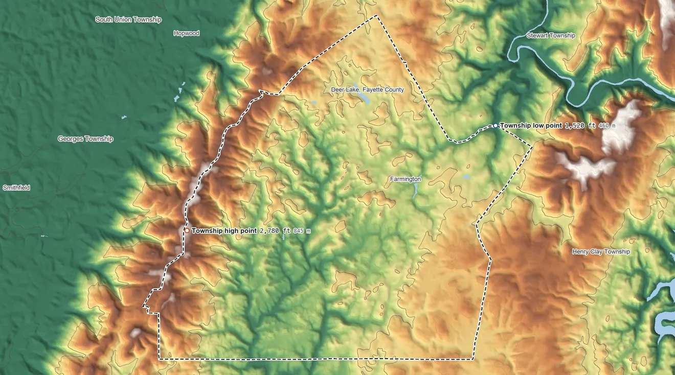Topographic elevation map of Wharton Township, Pennsylvania, shaded from 1,520 ft on the northeast side to 2,780 ft on the west side